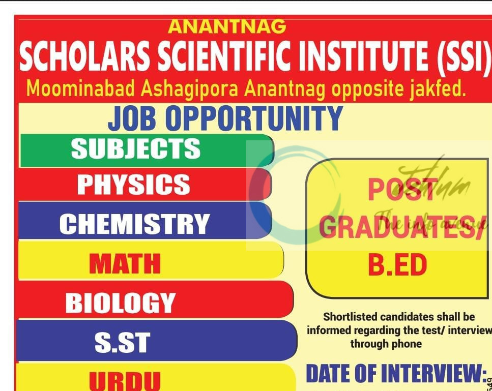 Scholars Scientific Institute SSI Anantnag Faculty Job Opportunities 2025