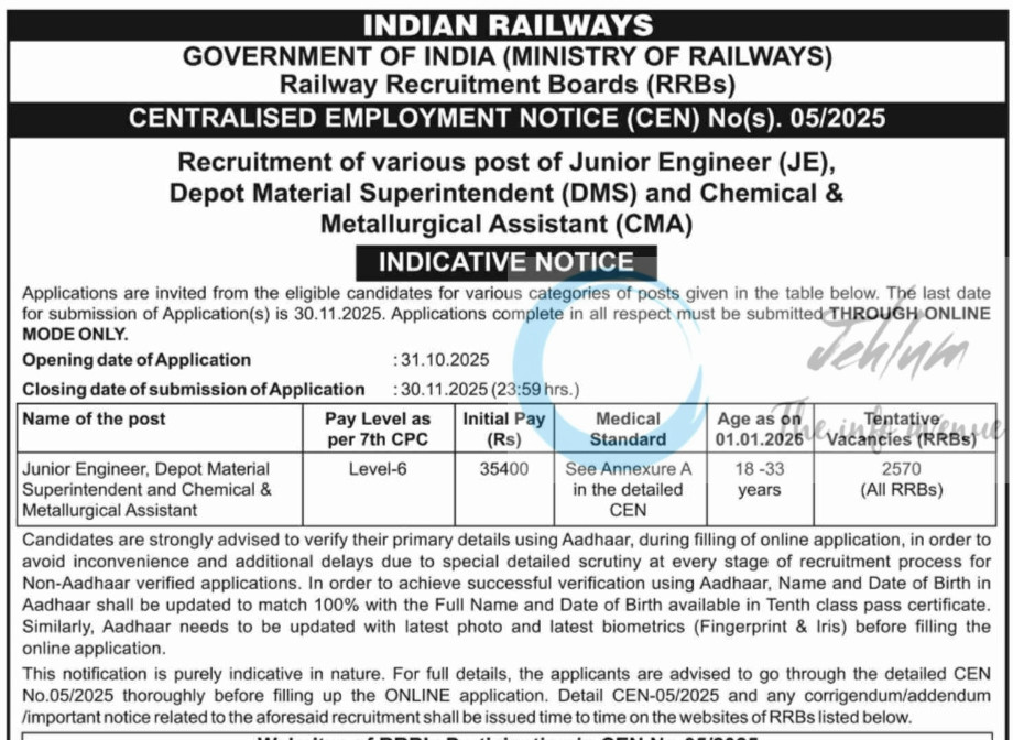 Indian Railways RRB JE DMS CMA CEN Recruitment Notification No 05/2025 1 Indian Railways RRB JE DMS CMA CEN Recruitment Notification No 05/2025