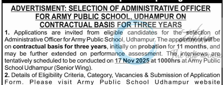 Army Public School APS Udhampur Administrative Officer Job opportunities 2025