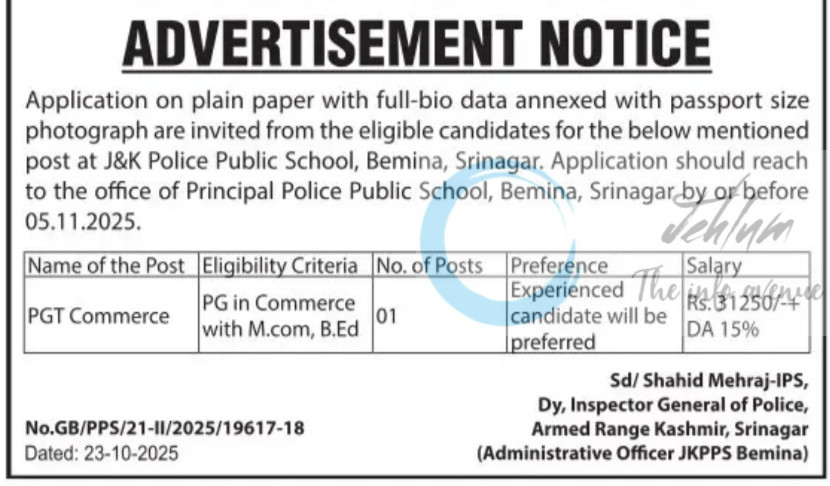 Armed Range Police Office Srinagar JKPPS Bemina PGT Commerce job opportunities notice GB/PPS/21-II/2025/19617-18