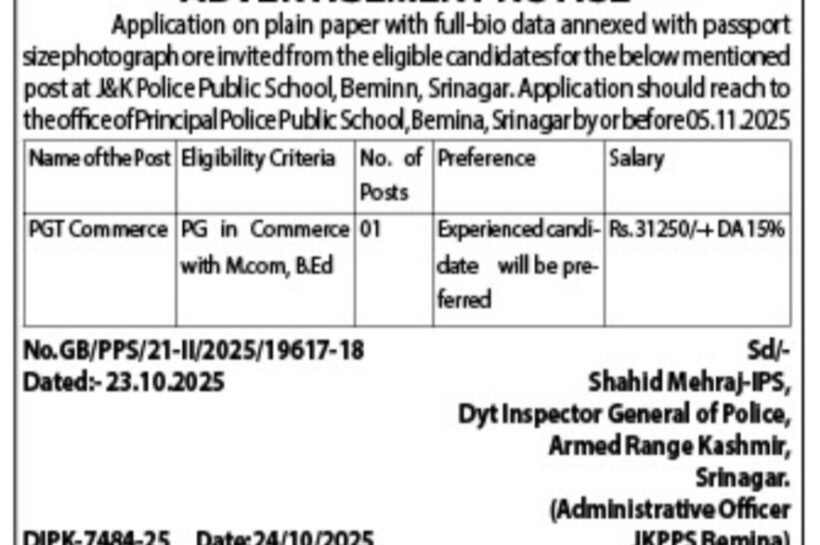 Police Public School Bemina Srinagar teachers job opportunities notice GB/PPS/21-II/2025/19617-18 Police Public School Bemina Srinagar teachers job opportunities notice GB/PPS/21-II/2025/19617-18