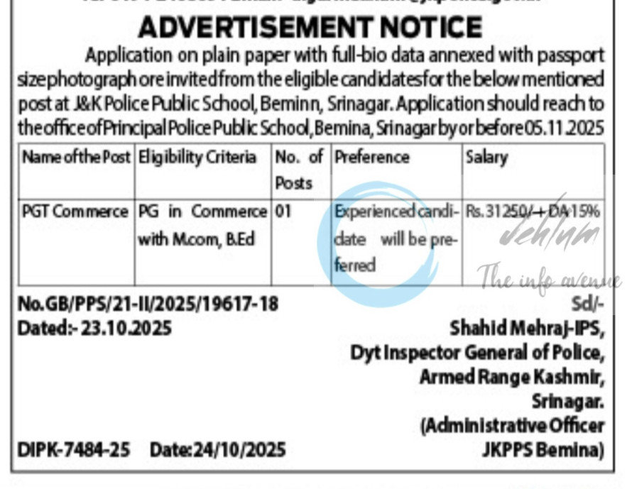 Police Public School Bemina Srinagar teachers job opportunities notice GB/PPS/21-II/2025/19617-18 2 Police Public School Bemina Srinagar teachers job opportunities notice GB/PPS/21-II/2025/19617-18
