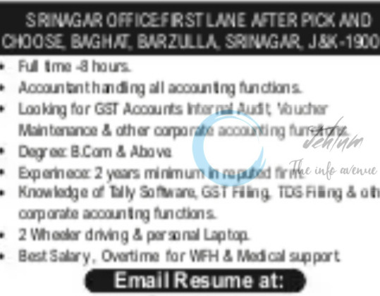 WAAH KASHMIR HOSPITALITY PVT LTD SRINAGAR ACCOUNTANT JOB OPPORTUNITIES 2025 WAAH KASHMIR HOSPITALITY PVT LTD SRINAGAR ACCOUNTANT JOB OPPORTUNITIES 2025