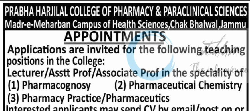 PRABHA HARJILAL COLLEGE OF PHARMACY AND PARACLINICAL SCIENCES JAMMU JOB OPPORTUNITIES 2025
