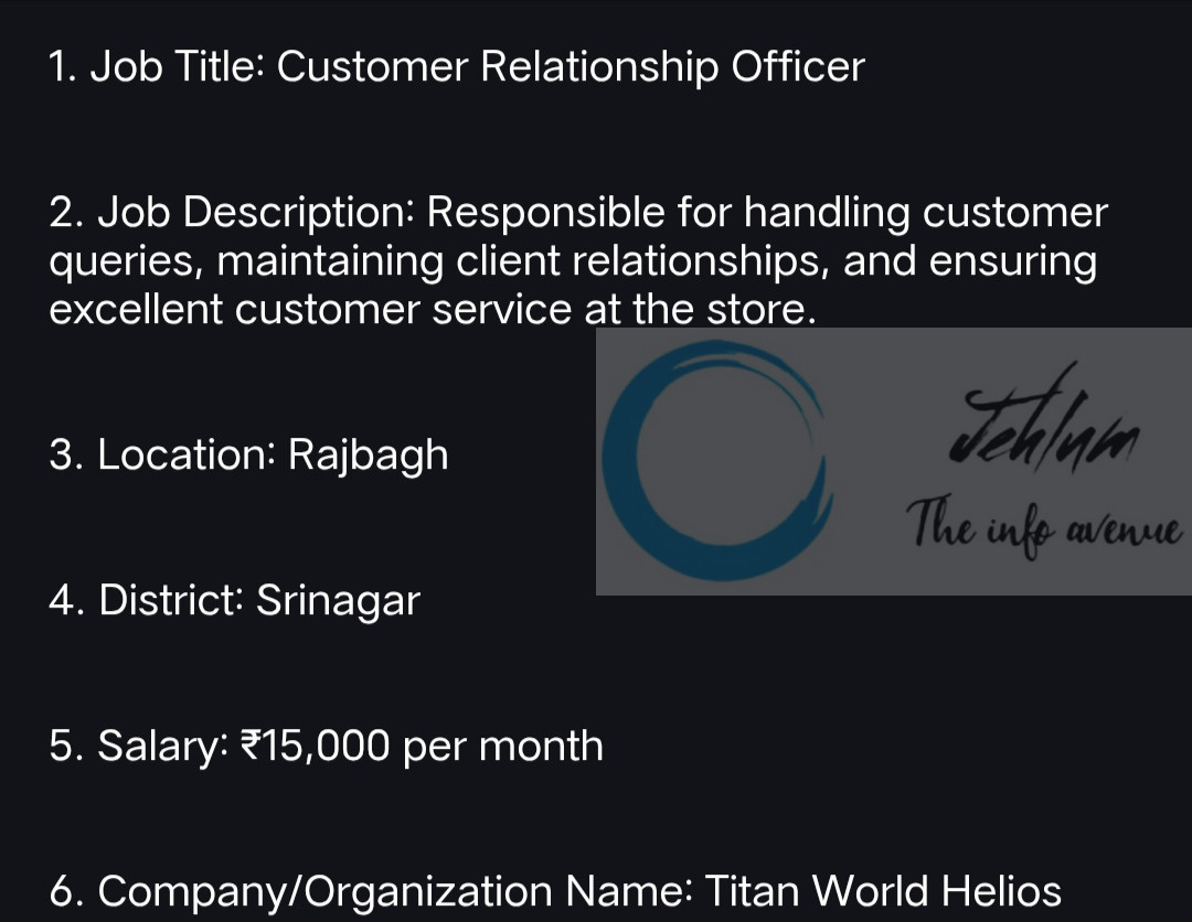 Titan World Helios Srinagar Customer Relationship Officer Job Opportunities 2025