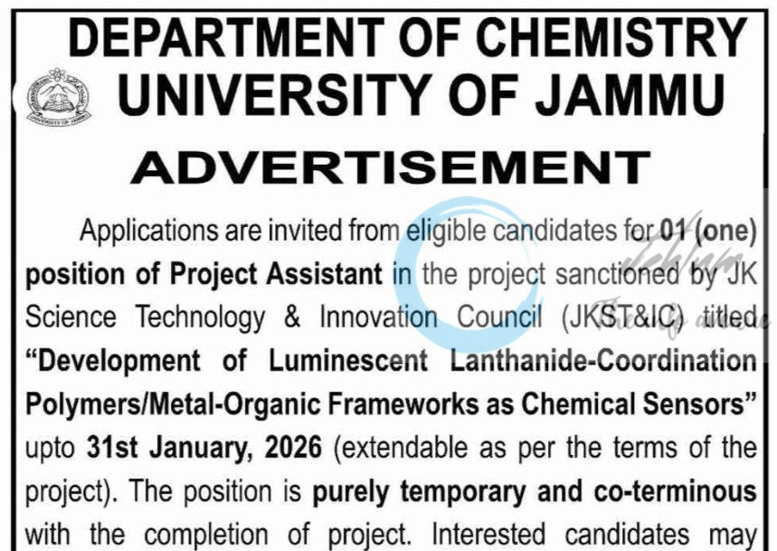 University of Jammu Chemistry Department Project Assistant JKST&IC Job opportunities JKST&IC/J/14/2022/147-152/22