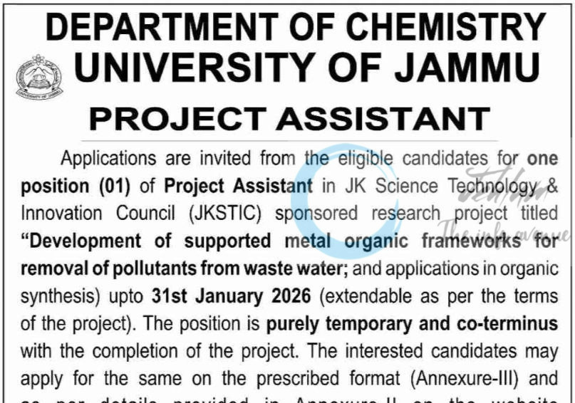University of Jammu Chemistry Department Project Assistant job opportunities notice PGD/Chem/JKSTIC/25/36