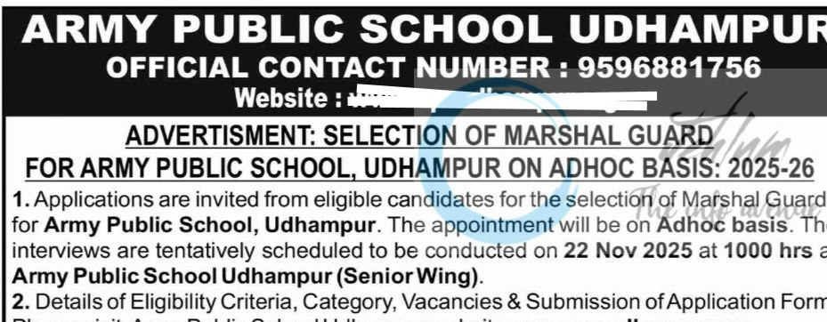 ARMY PUBLIC SCHOOL UDHAMPUR APSU MARSHAL GUARD JOB OPPORTUNITIES 1029/APSU 2 ARMY PUBLIC SCHOOL UDHAMPUR APSU MARSHAL GUARD JOB OPPORTUNITIES 1029/APSU