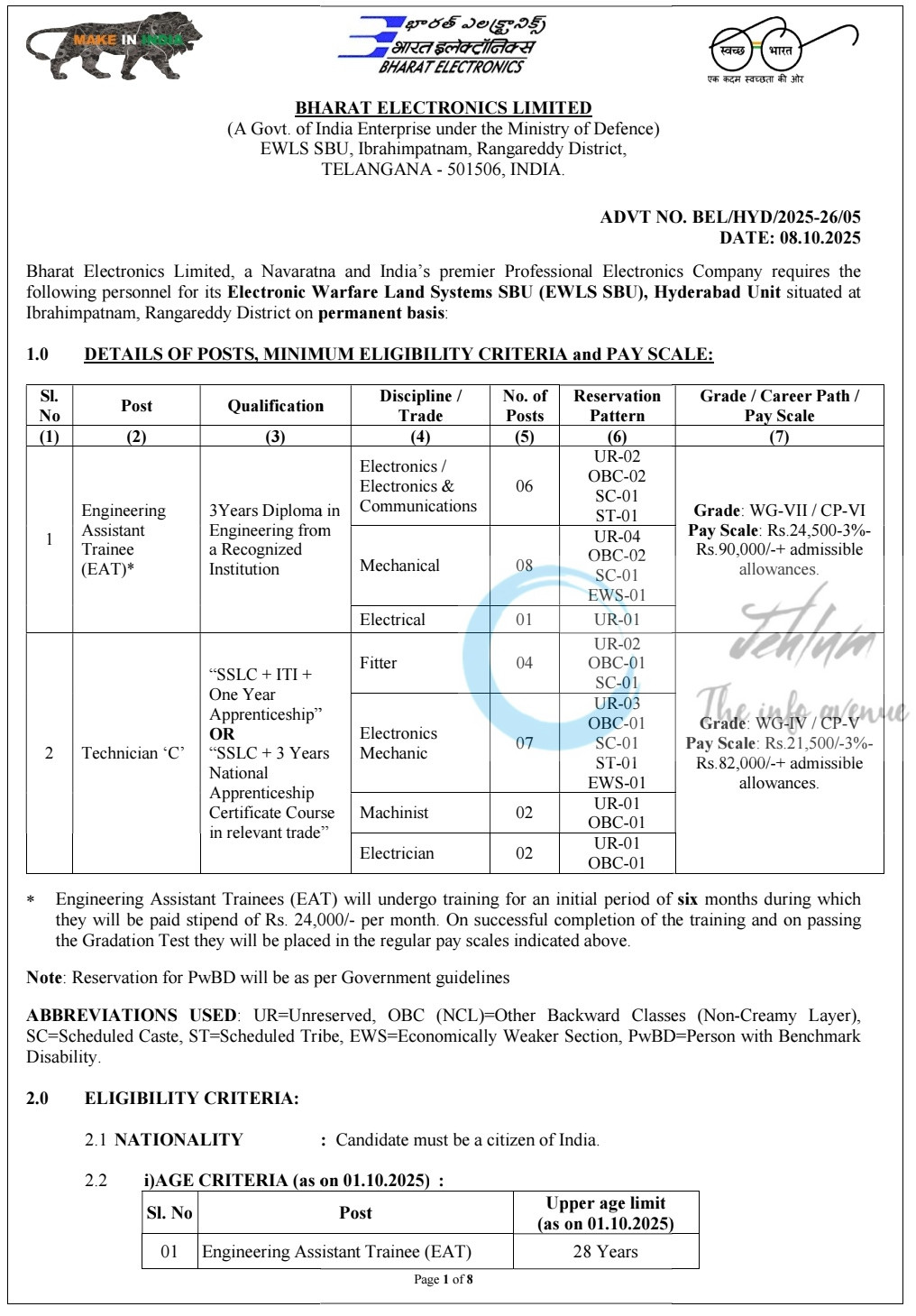 Bharat Electronics Limited BEL EWLS Hyderabad Engineering Apprenticeship Recruitment Notification BELHYD2025