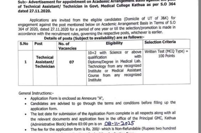 Govt Medical College GMC Kathua Technical Assistant/Technician Recruitment Notification SO 364 2025 Govt Medical College GMC Kathua Technical Assistant/Technician Recruitment Notification SO 364 2025
