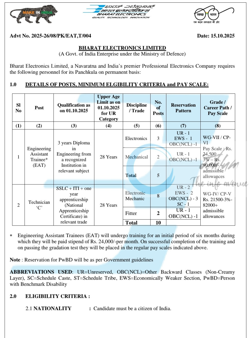 BEL Panchkula Engineering Assistant Trainee EAT/ Technicians Permanent Jobs Opportunities Recruitment 2025-26/08/PK/EAT/T/004