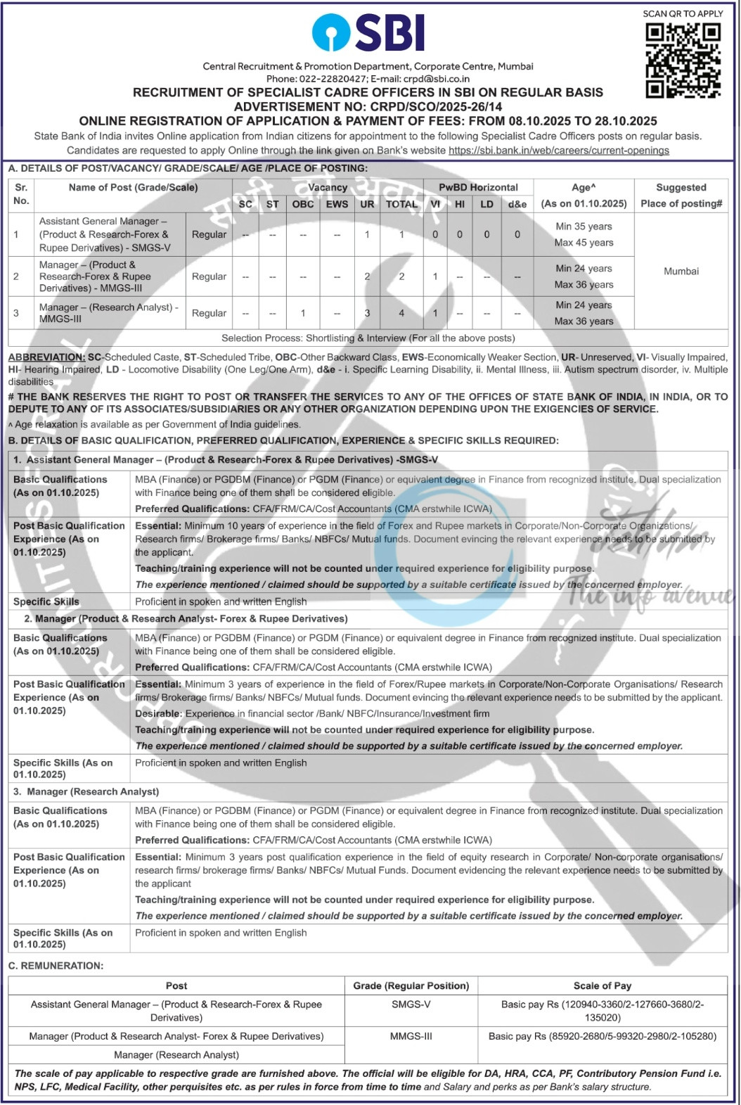 State Bank of India SBI Specialist Cadre Officer Recruitment Advt No CRPD/SCO/2025-26/14 Jobs Opportunity