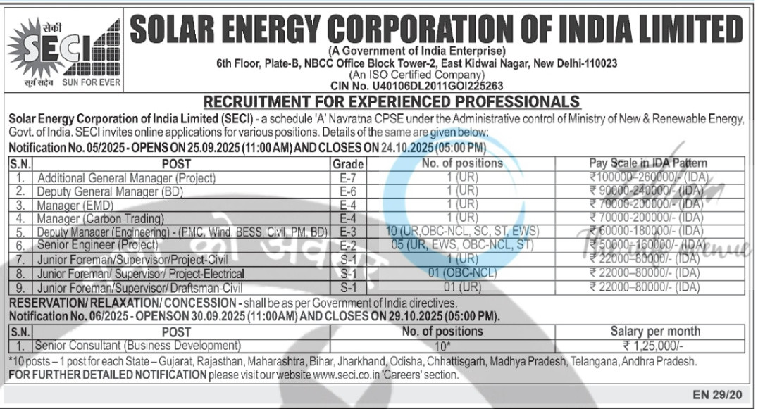 Solar Energy Corporation of India SECI Consultant Opportunities Notification No 06/2025 2 Solar Energy Corporation of India SECI Consultant Opportunities Notification No 06/2025