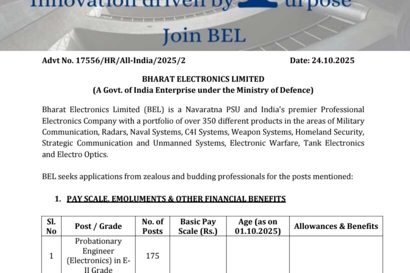 Bharat Electronics Limited BEL Probationary Engineer Jobs Opportunities Advt No 17556/HR/All-India/2025/2 Bharat Electronics Limited BEL Probationary Engineer Jobs Opportunities Advt No 17556/HR/All-India/2025/2