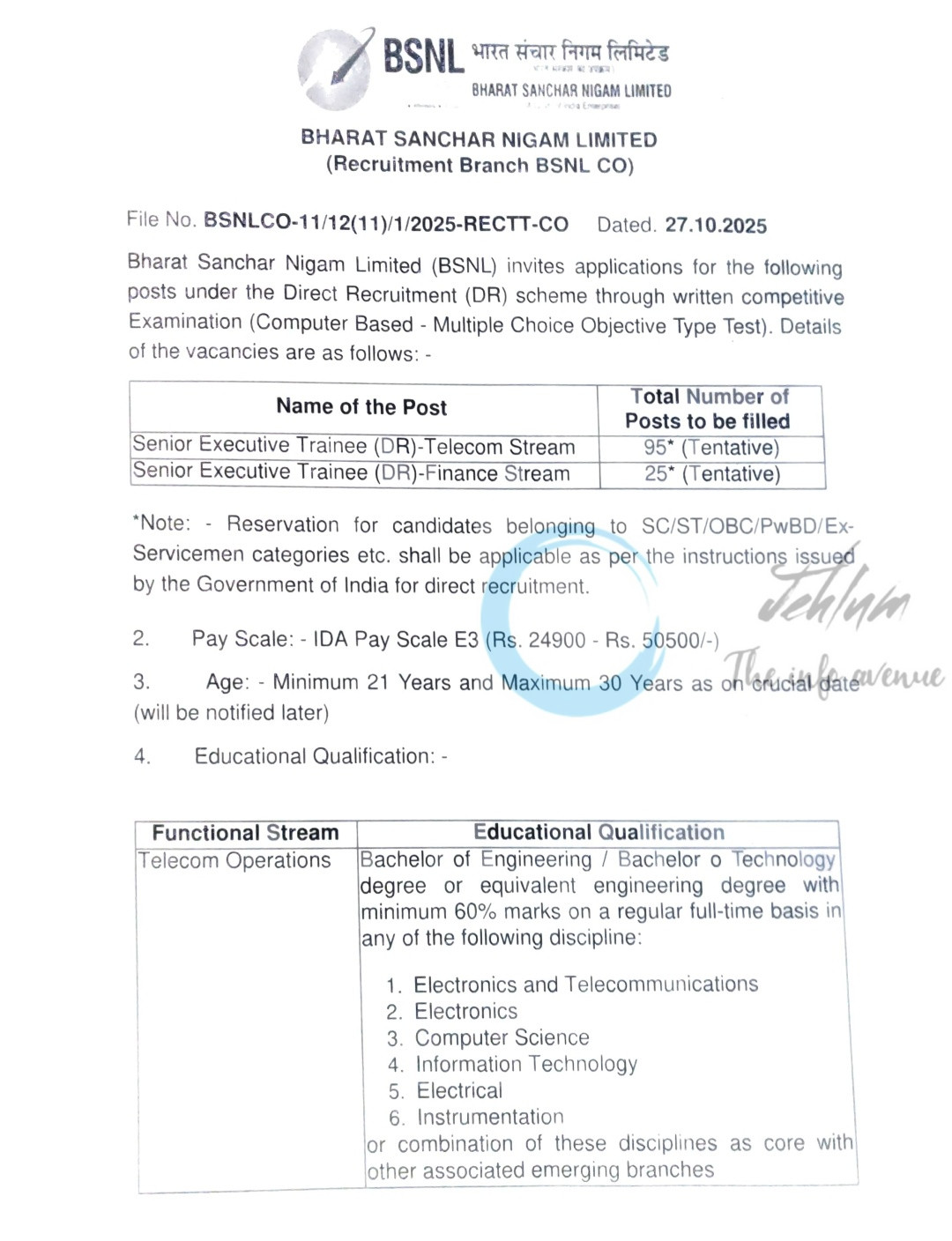 BSNL Senior Executive Trainee SET Advertisement Notification BSNLCO/11/12/11/1/2025/RECTT/CO/2025 2 BSNL Senior Executive Trainee SET Advertisement Notification BSNLCO/11/12/11/1/2025/RECTT/CO/2025