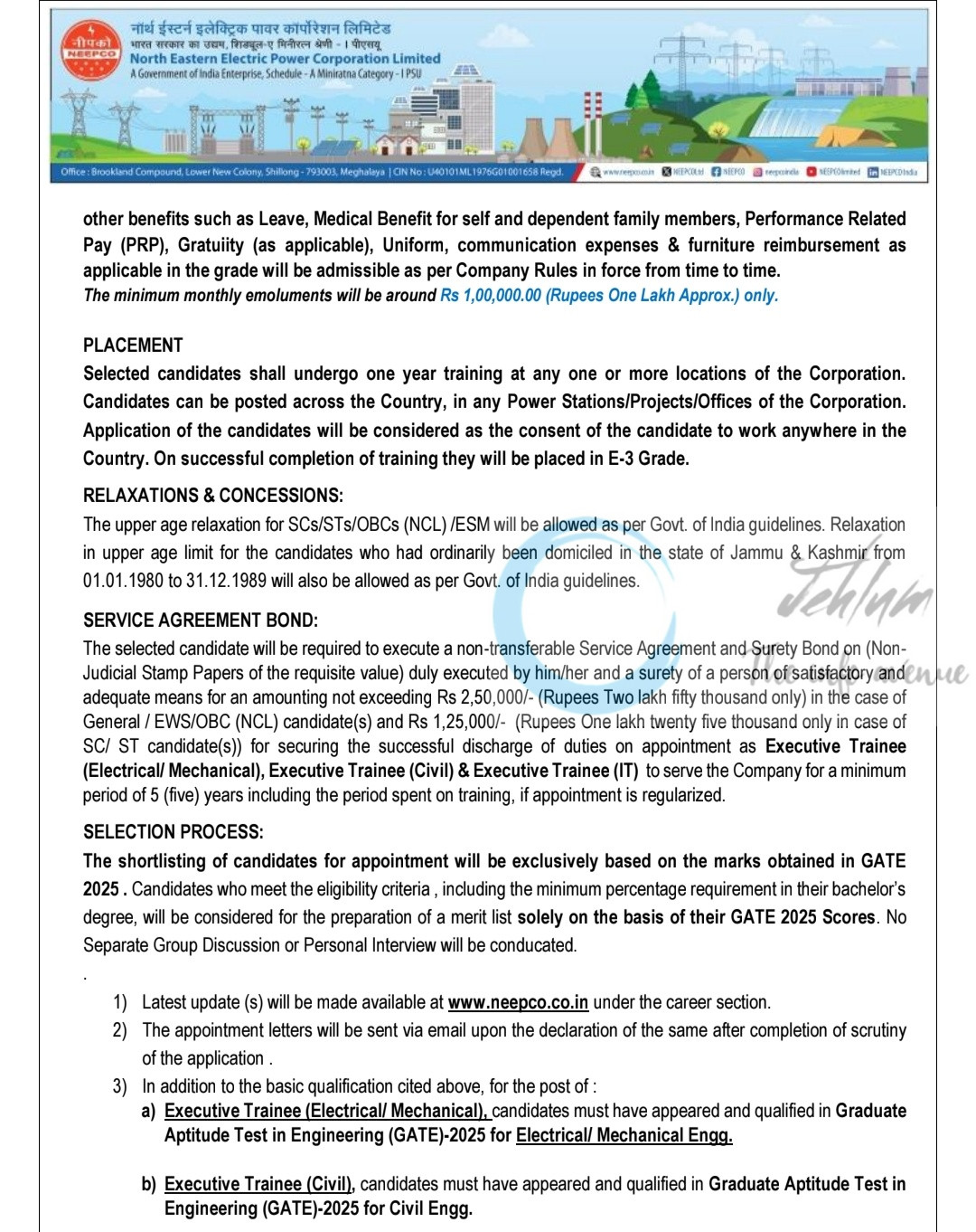 North Eastern Electric Power Corporation Limited Executive Trainee Recruitment Advertisement No NEEPCO/09/2025 3 North Eastern Electric Power Corporation Limited Executive Trainee Recruitment Advertisement No NEEPCO/09/2025