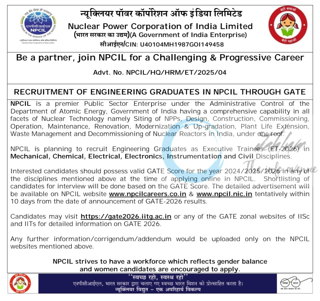Nuclear Power Corporation of India Limited Executive Trainee Recruitment Engineering GATE Advt No NPCIL/HQ/HRM/ET/2025/04