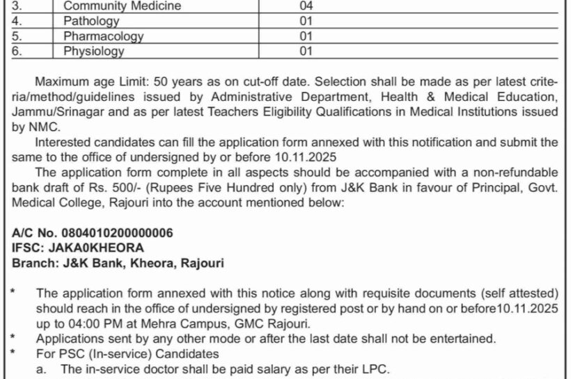 Govt Medical College GMC Rajouri Tutor/Demonstrator Recruitment Advt No 103 of 2025 Govt Medical College GMC Rajouri Tutor/Demonstrator Recruitment Advt No 103 of 2025