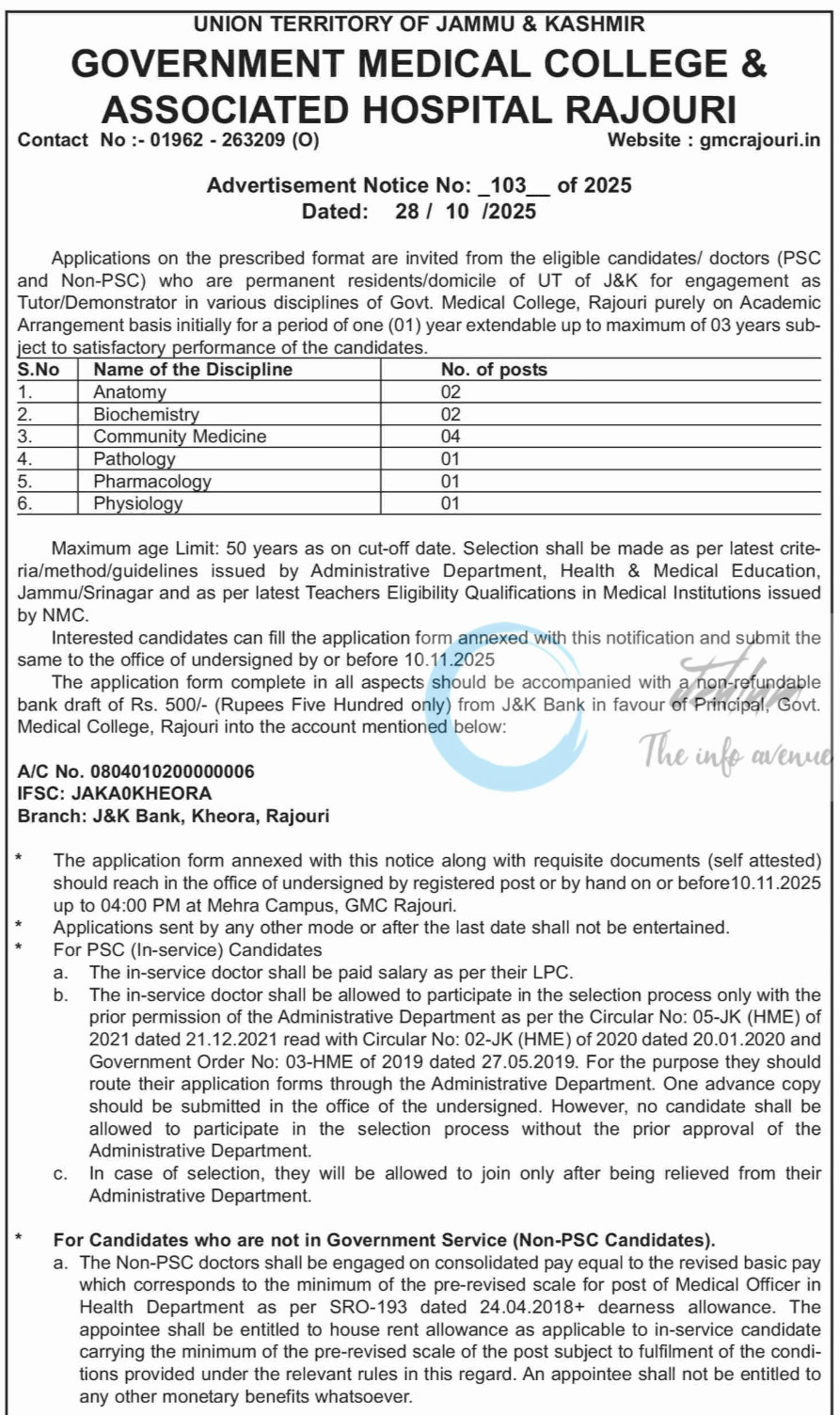 Govt Medical College GMC Rajouri Tutor/Demonstrator Recruitment Advt No 103 of 2025 2 Govt Medical College GMC Rajouri Tutor/Demonstrator Recruitment Advt No 103 of 2025