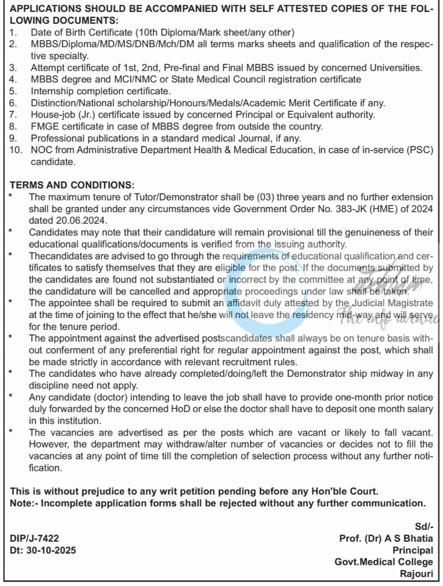 Govt Medical College GMC Rajouri Tutor/Demonstrator Recruitment Advt No 103 of 2025 3 Govt Medical College GMC Rajouri Tutor/Demonstrator Recruitment Advt No 103 of 2025