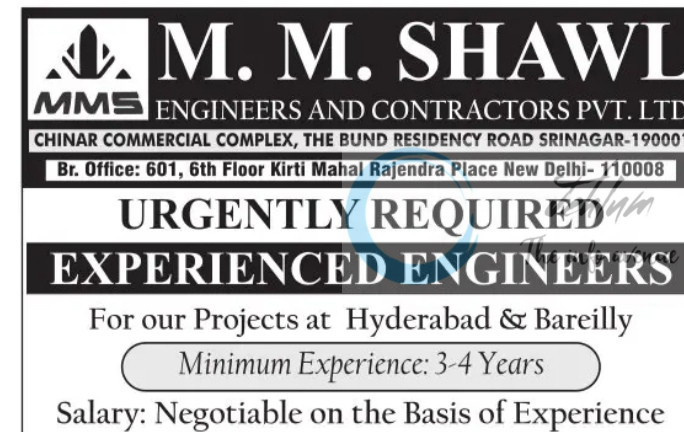 M M Shawl engineers and contractors pvt ltd srinagar job opportunities 2025