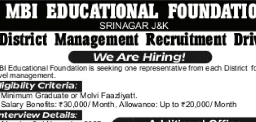 MBI Educational Foundation MBIEF Srinagar job opportunities 2025