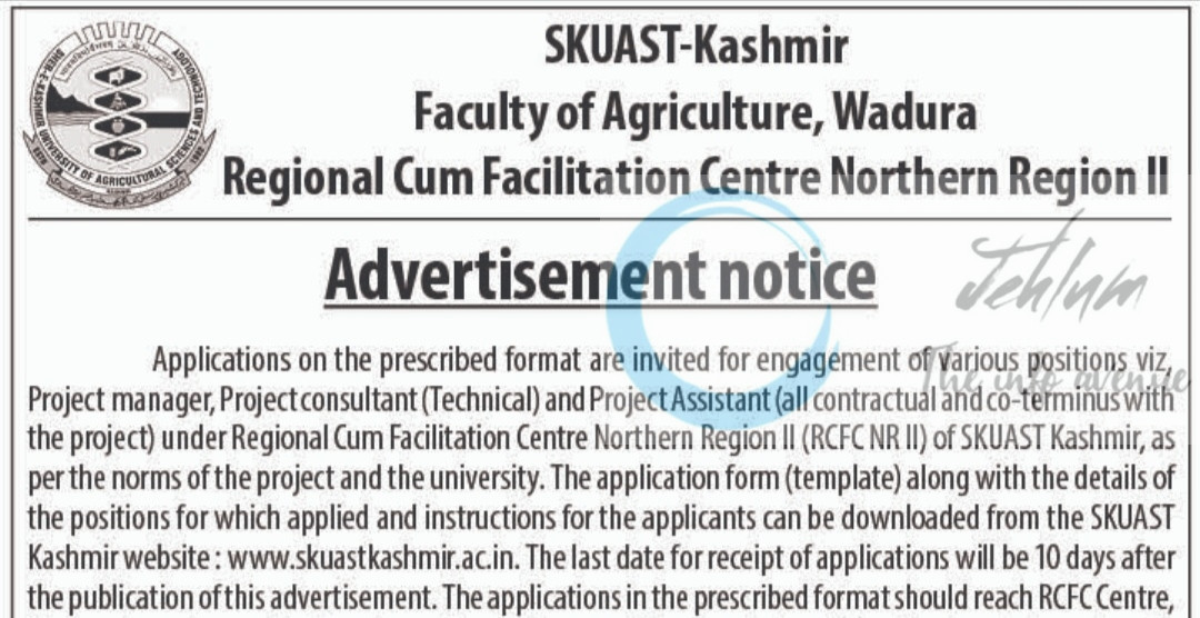 SKUAST Kashmir Faculty of Agriculture RCFC NR II Project Recruitment 2025