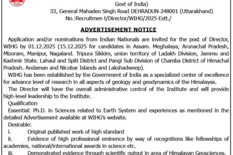Wadia Institute of Himalayan Geology WIHG Director Vacancy Notification 2025 Wadia Institute of Himalayan Geology WIHG Director Vacancy Notification 2025