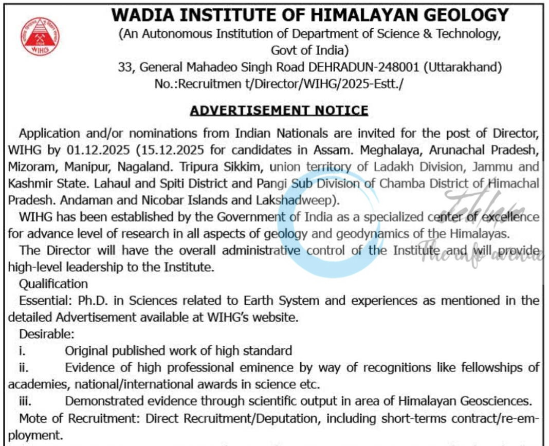 Wadia Institute of Himalayan Geology WIHG Director Vacancy Notification 2025