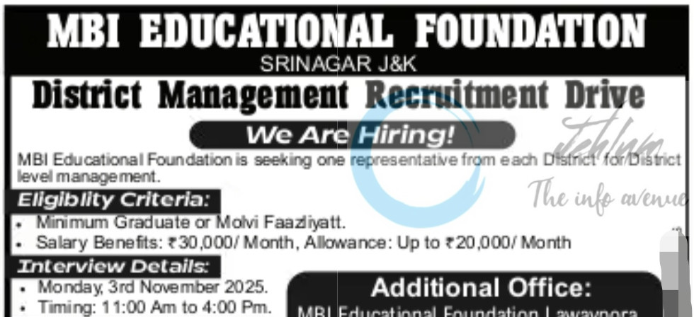MBI Educational Foundation District Manager Recruitment Srinagar 2025