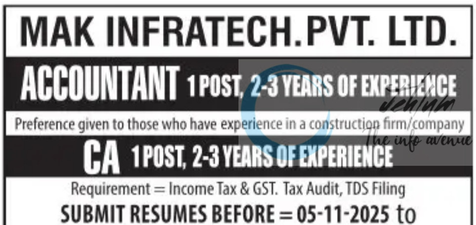 MAK Infratech Pvt Ltd Awantipora Accountant CA Jobs Vacancy 2025