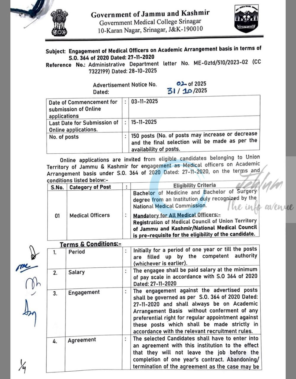 Govt medical college GMC Srinagar Medical Officers job opportunities notice 02 of 2025
