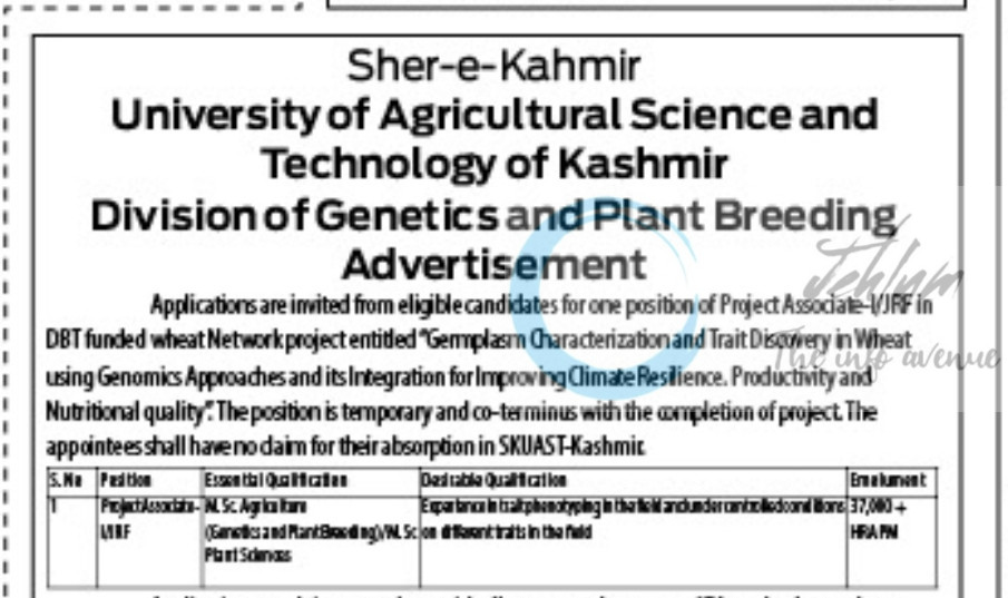 SKUAST-Kashmir Division of Genetics and Plant Breeding Faculty of Agriculture Sopore JRF job opportunities 2025