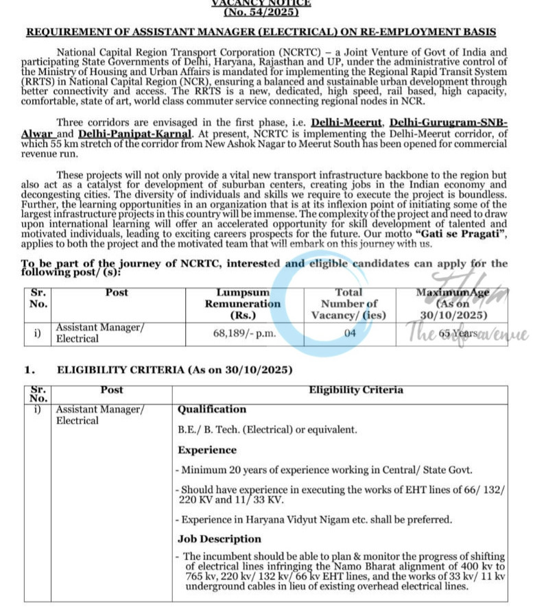 National Capital Region Transport Corporation NCRTC Assistant Manager Electrical job opportunities Notice 54/2025
