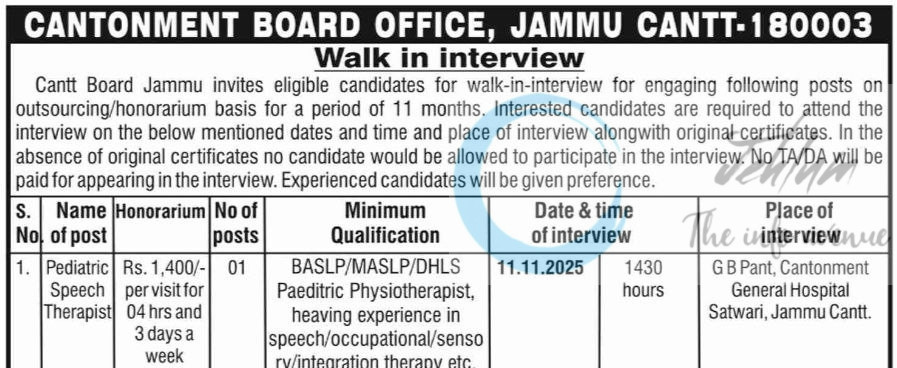 Cantonment Board Office Jammu Cantt Pediatric Speech Therapist job opportunities walk in 2025 1 Cantonment Board Office Jammu Cantt Pediatric Speech Therapist job opportunities walk in 2025