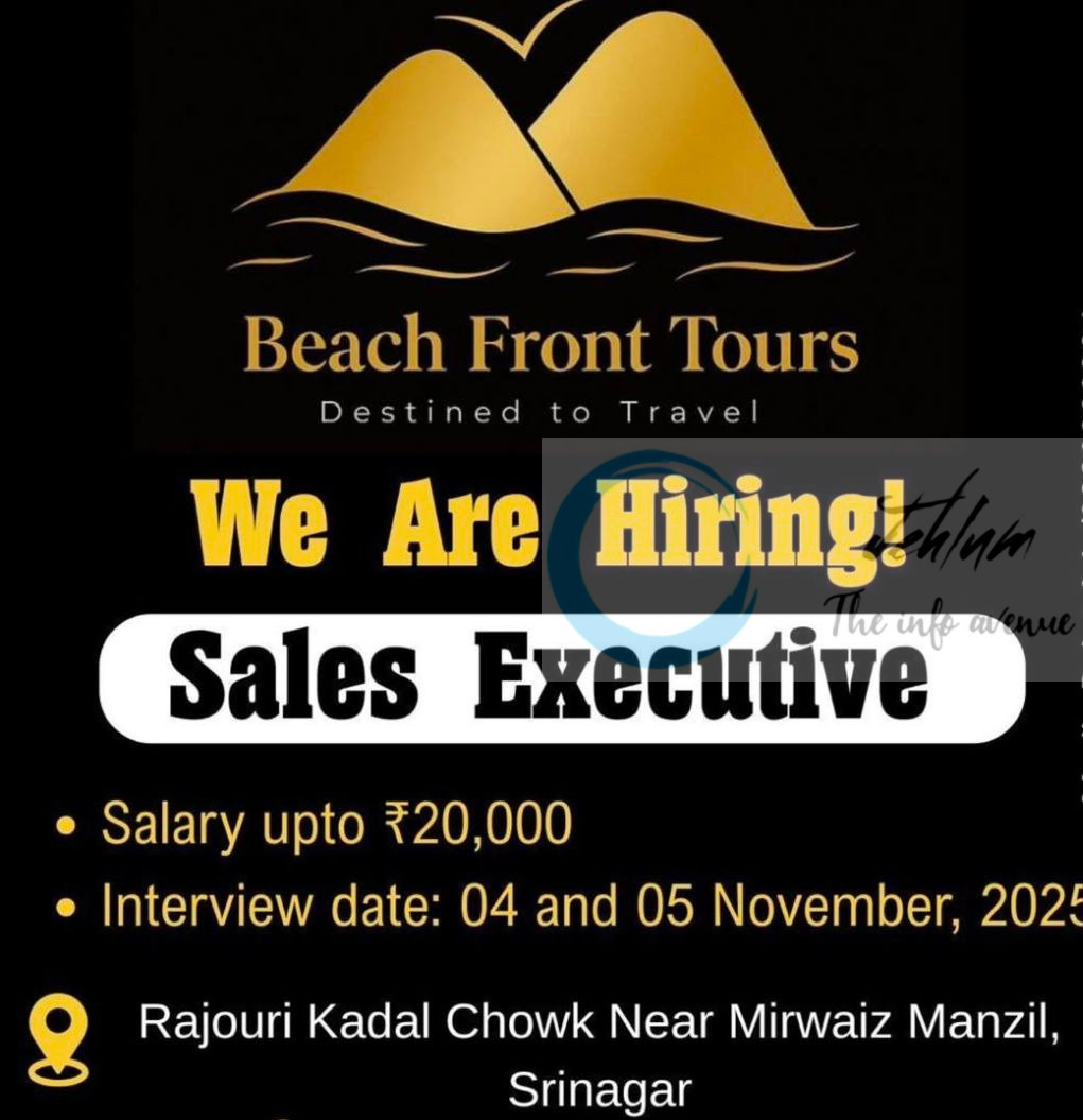 Beach Front Tours srinagar Sales Executive Job opportunities 2025 1 Beach Front Tours srinagar Sales Executive Job opportunities 2025