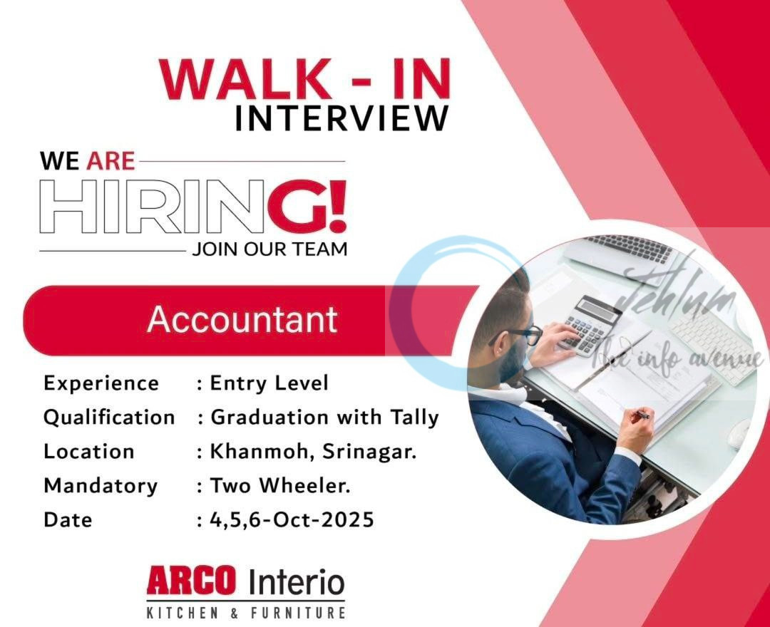 ARCO Interio Khanmoh Srinagar accountant job opportunities Walk-In Interview 2025