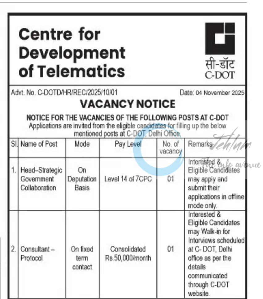 Centre for Development of Telematics C-DOT Head Strategic Government Collaboration and Consultant Protocol Job opportunities notice C-DOTD/HR/REC/2025/10/01