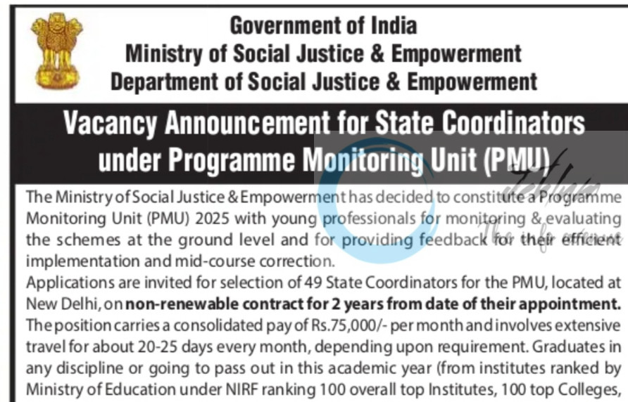 Ministry of Social Justice and Empowerment New Delhi PMU State Coordinators Job opportunities notice CBC/38101/11/0027/2526