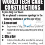 WORLD TECH CARE CONSTRUCTIONS SRINAGAR ACCOUNTANT AND OFFICE BOY JOB OPPORTUNITIES 2025