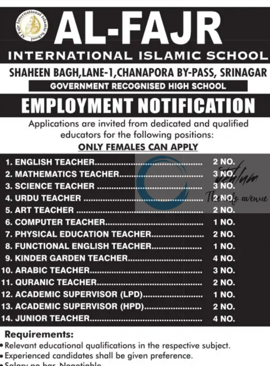 AL FAJR INTERNATIONAL ISLAMIC SCHOOL SRINAGAR JOB OPPORTUNITIES 2025