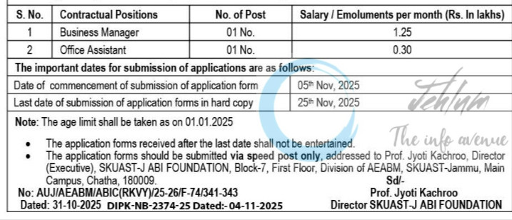 SKUAST Jammu ABIF FOUNDATION Business Manager/Office Assistant job opportunities notice 04 of 2025 1 Sher-e-Kashmir University of Agricultural Sciences and Technology for Jammu SKUAST-J ABIF FOUNDATION Business Manager/Office Assistant job opportunities notice 04 of 2025
