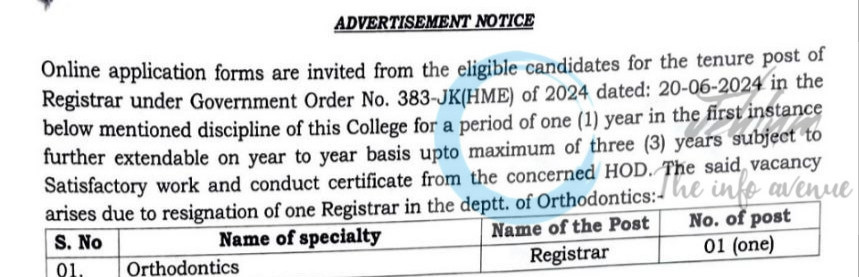 GOVERNMENT DENTAL COLLEGE AND HOSPITAL GDCH SRINAGAR REGISTRAR JOB OPPORTUNITIES NOTICE 2025