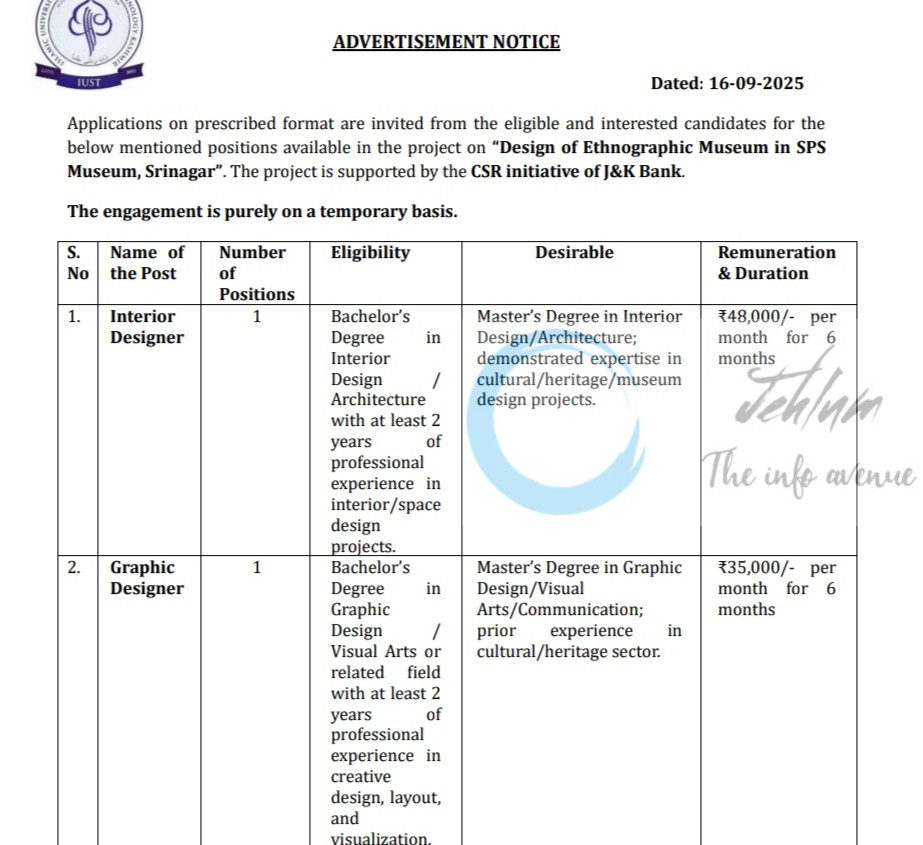 Islamic University of Science and Technology IUST Srinagar Interior Designer and Graphic Designer job opportunities notice 2025 1 Islamic University of Science and Technology IUST Srinagar Interior Designer and Graphic Designer job opportunities notice 2025