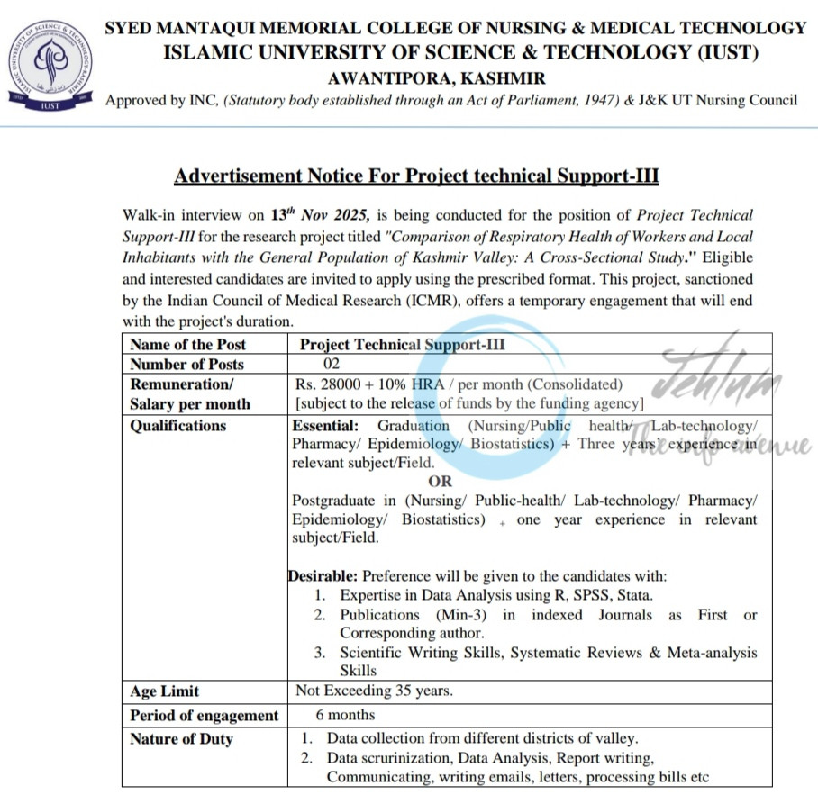 Syed Mantaqui Memorial College of Nursing and Medical Technology IUST Awantipora Project Technical Support III job opportunities Walkin Interview 2025