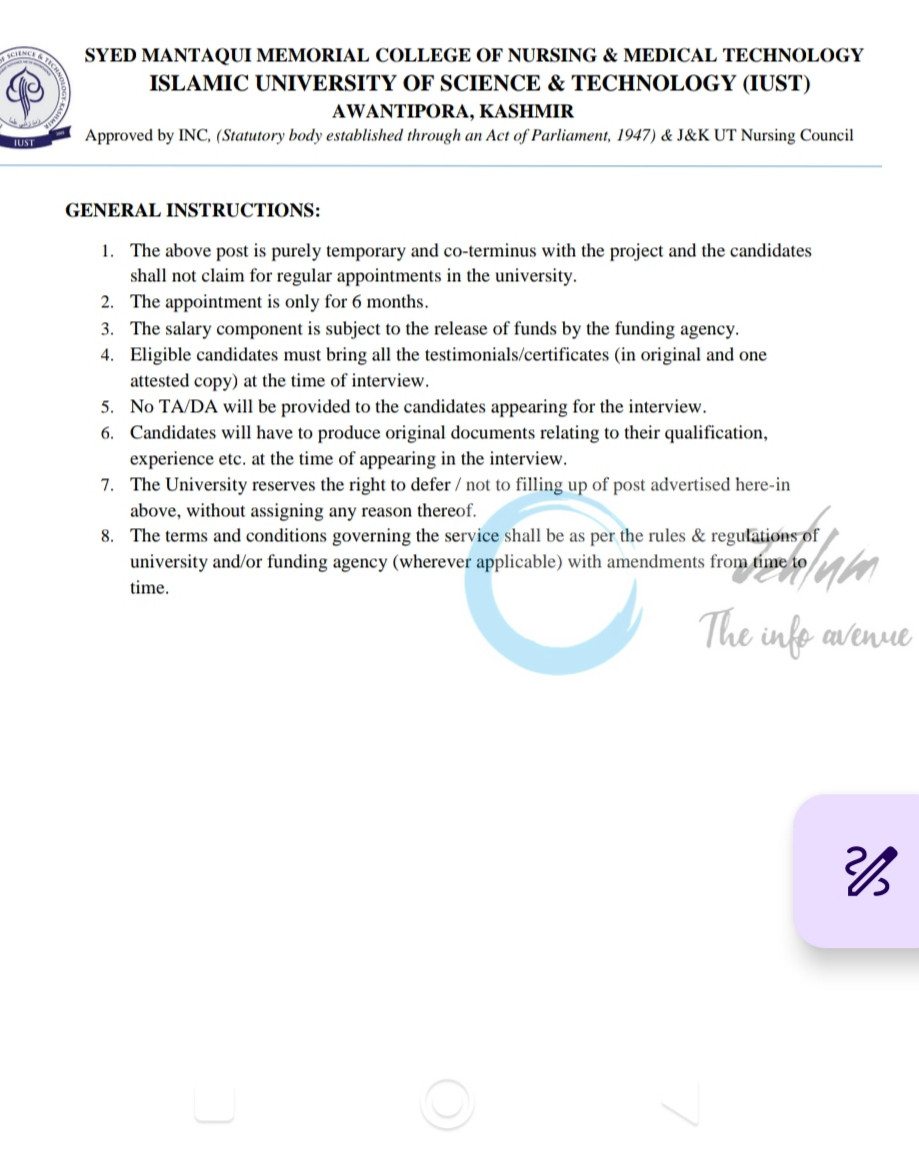 Syed Mantaqui Memorial College of Nursing and Medical Technology IUST Awantipora Project Technical Support III job opportunities Walkin Interview 2025