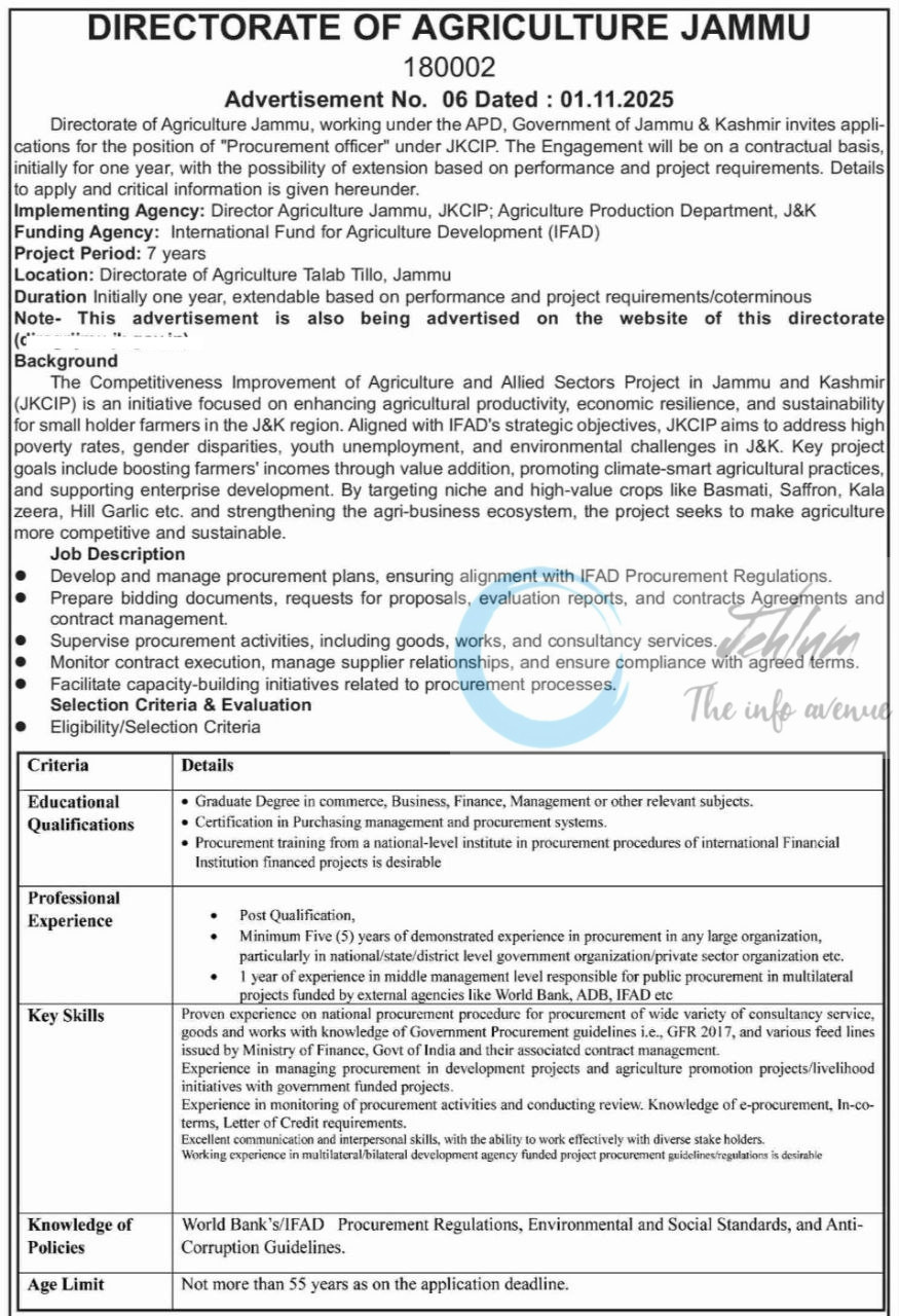 Directorate of Agriculture Jammu J and K Agriculture Deptt Procurement Officer job opportunities notice 06/2025 1 Directorate of Agriculture Jammu J and K Agriculture Deptt Procurement Officer job opportunities notice 06/2025
