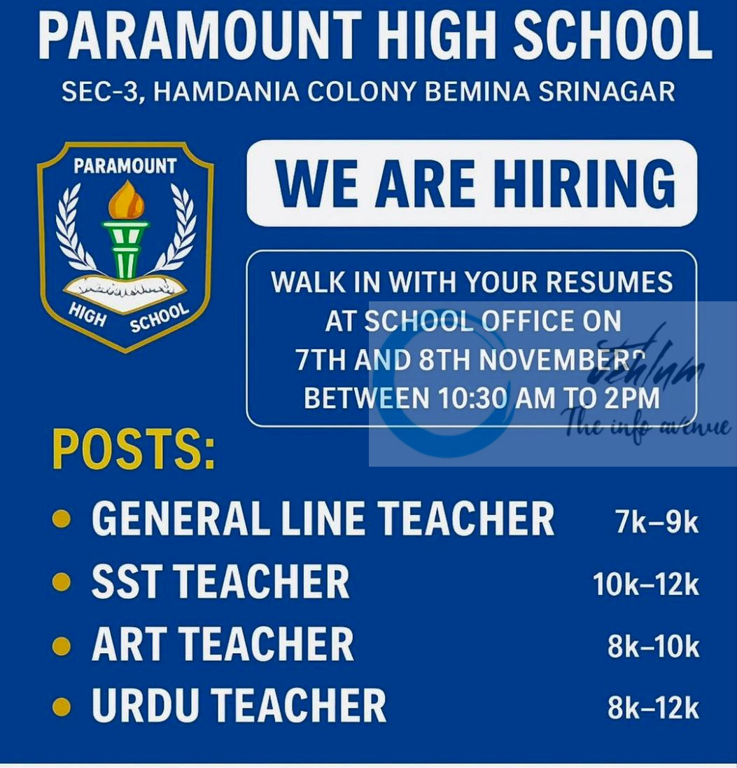 Paramount High School Srinagar job opportunities 2025