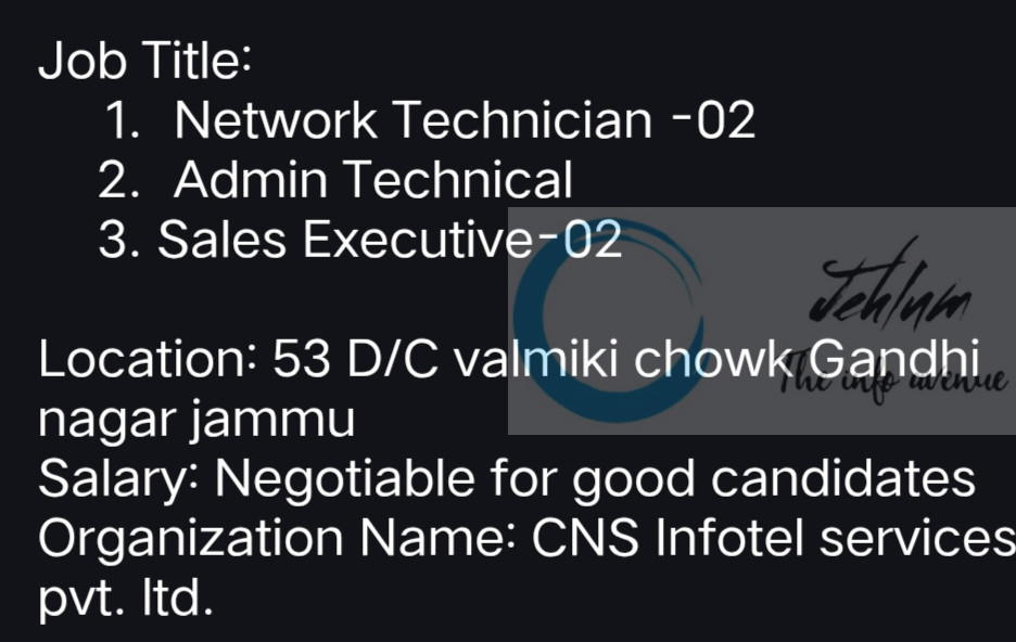 CNS Infotel Jammu Jobs Opportunities 2025 2 CNS Infotel Jammu Jobs Opportunities 2025