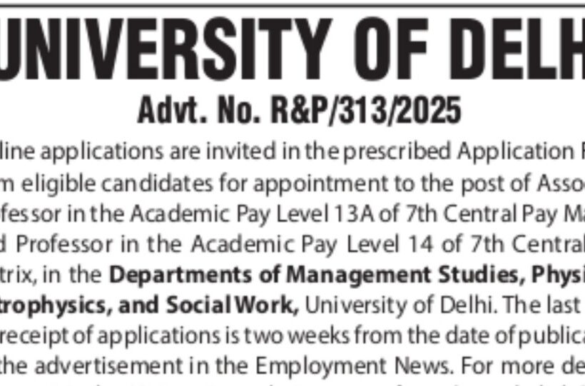University of Delhi DU Professor and Associate Professor job opportunities notice R&P/313/2025